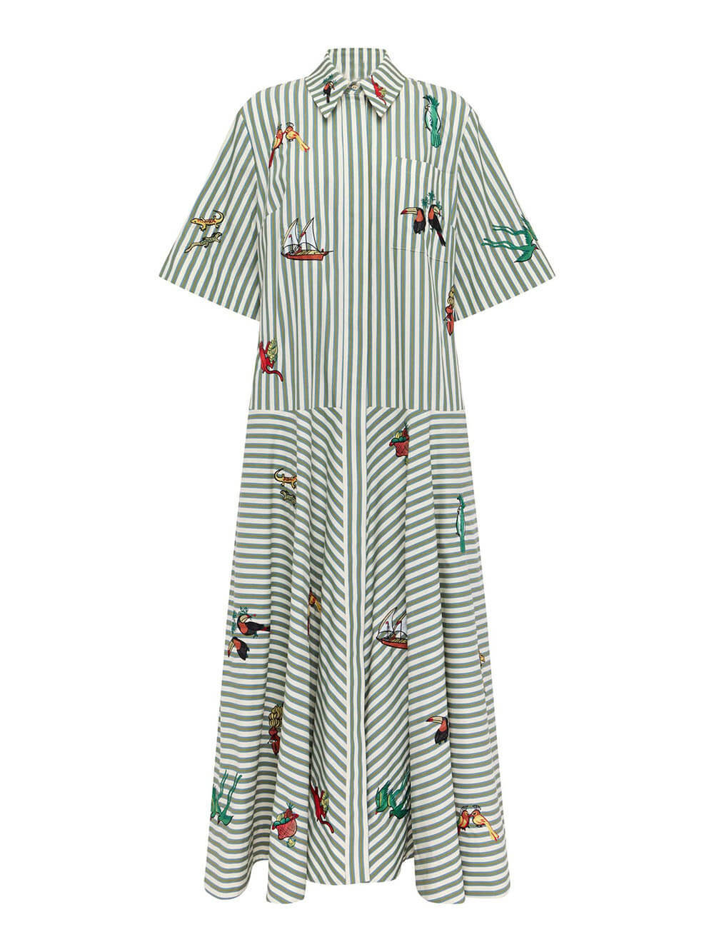 Classic Striped Button-Front Tie-Waist A-Line Maxi Shirtdress