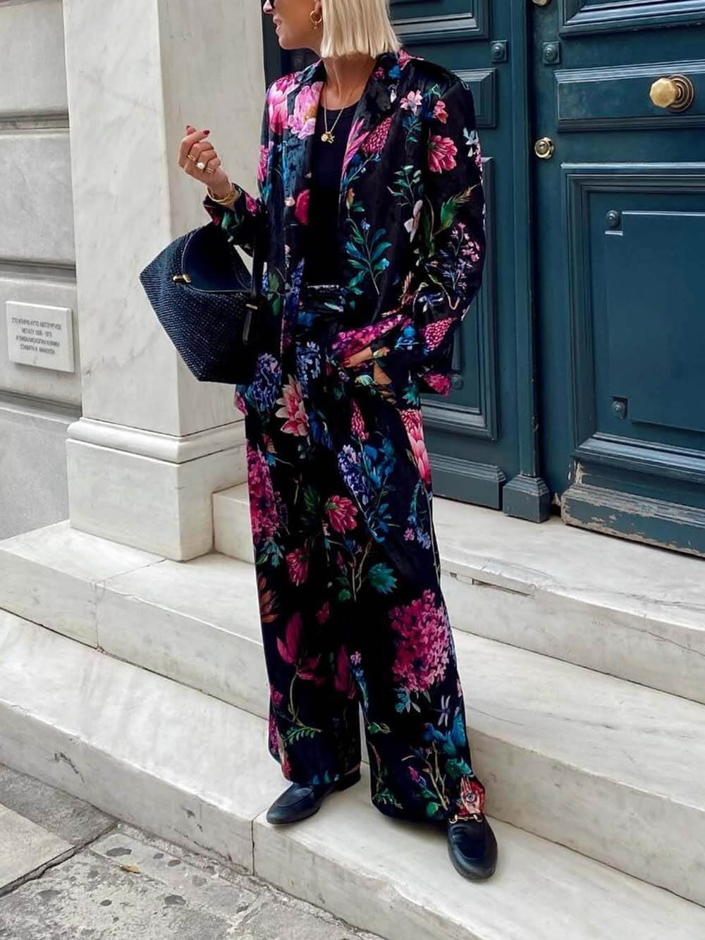 Retro Floral Print Lapel Blazer