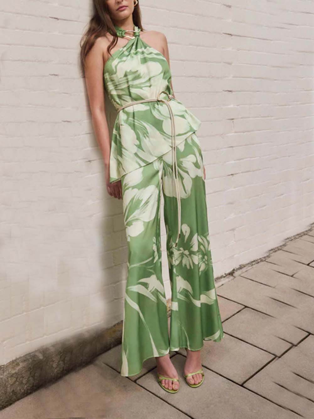 Modern Satin Abstract Floral Print Halter Tank Top