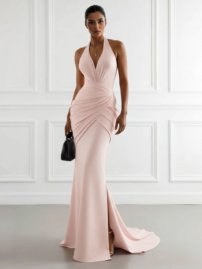 Elegant Halter Neck Ruched Mermaid Maxi Dress