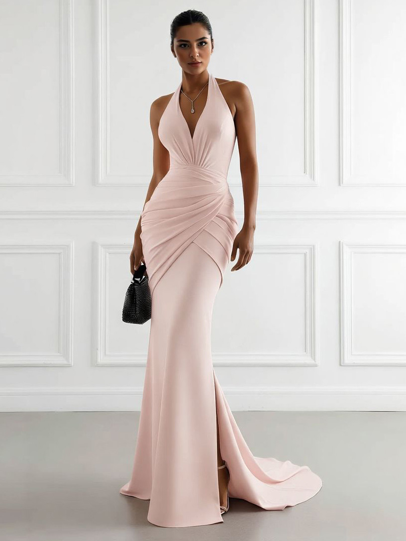Elegant Halter Neck Ruched Mermaid Maxi Dress