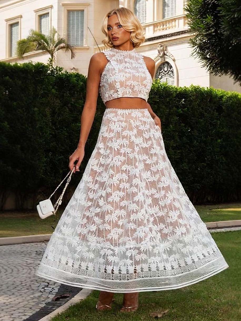Elegant Lace Tung Palm Pattern Midi Skirt