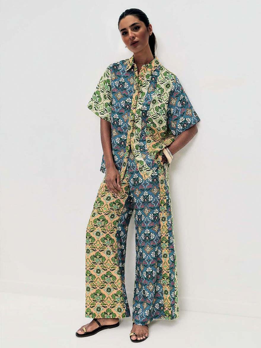 Retro Art Print Wide-Leg Pants