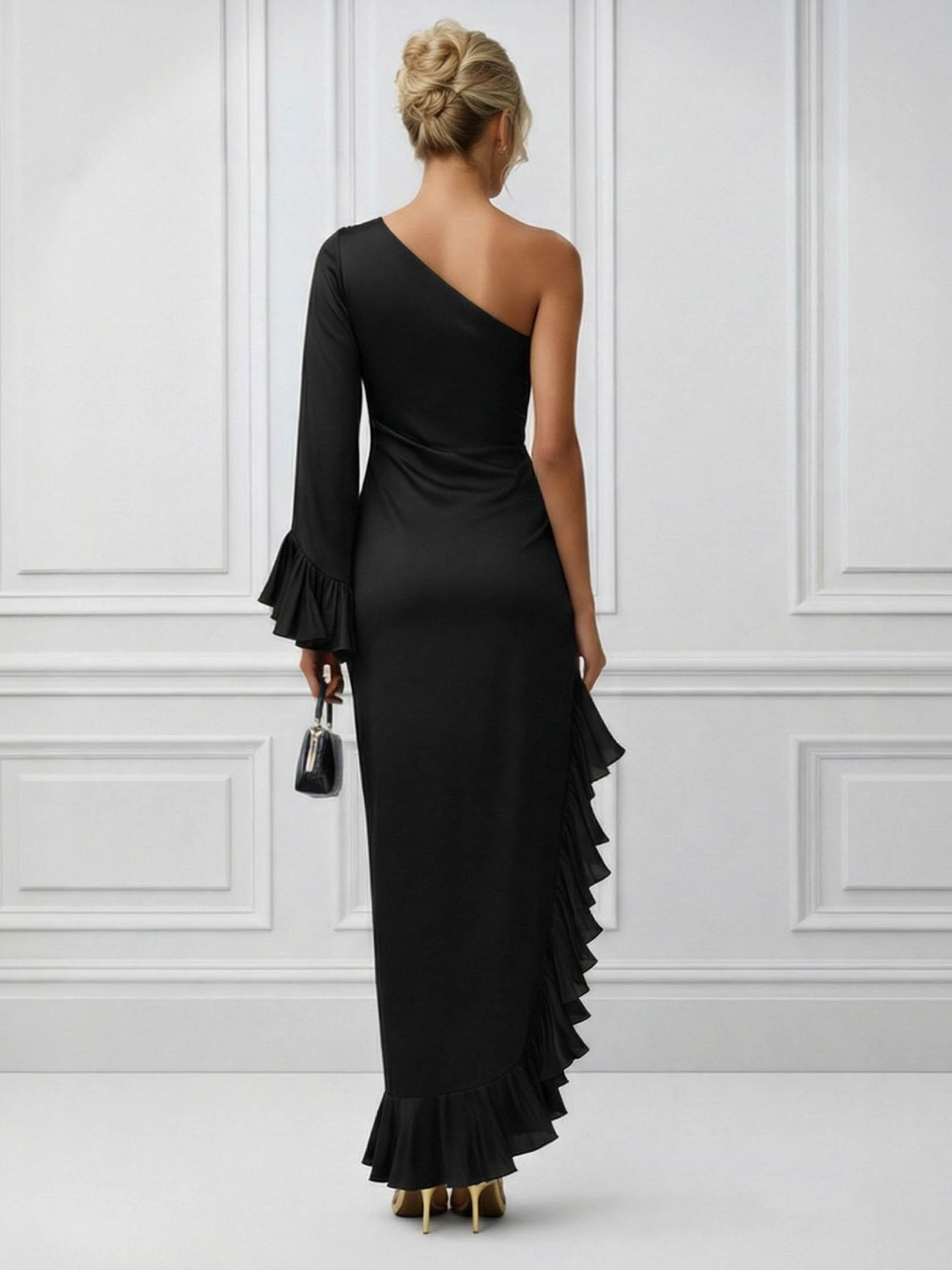 One-Shoulder Ruffle Trim Satin Maxi Dress
