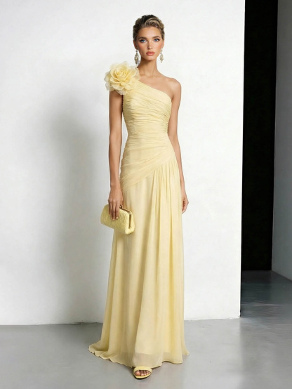 Elegant One-shoulder Ruffled Chiffon Maxi Dress