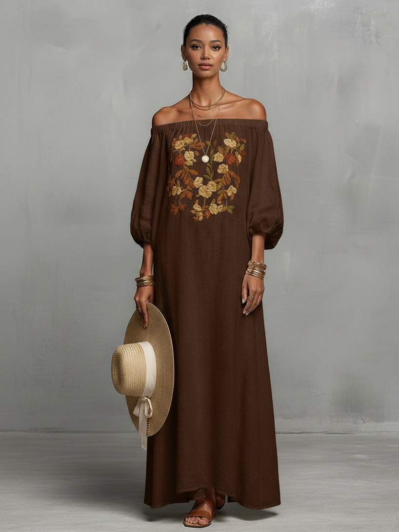 Bohemian Floral Embroidered Off-Shoulder Maxi Dress