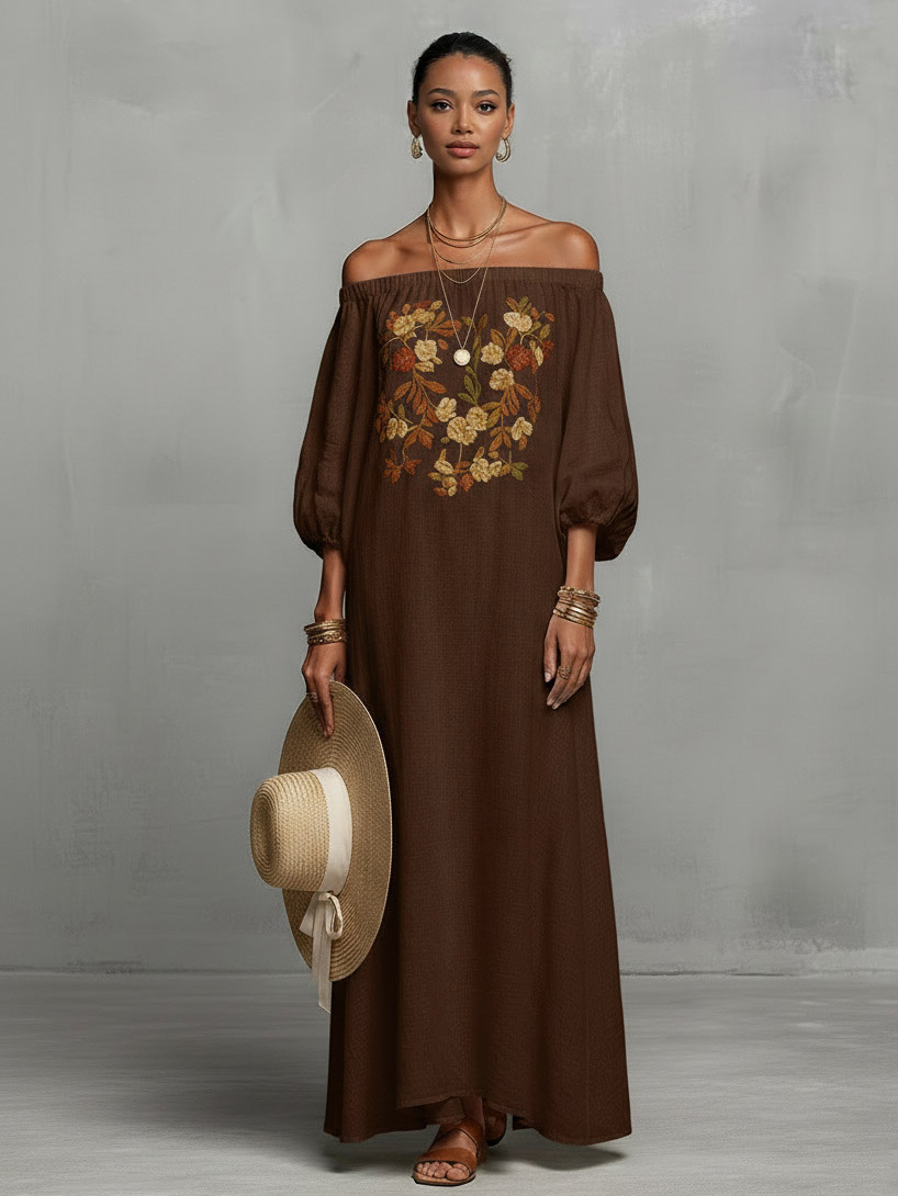 Bohemian Floral Embroidered Off-Shoulder Maxi Dress