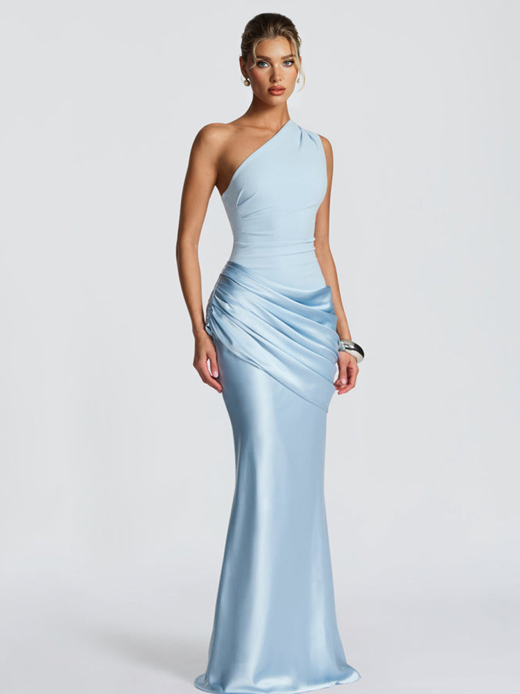 Elegant One-Shoulder Ruched Satin Maxi Dress