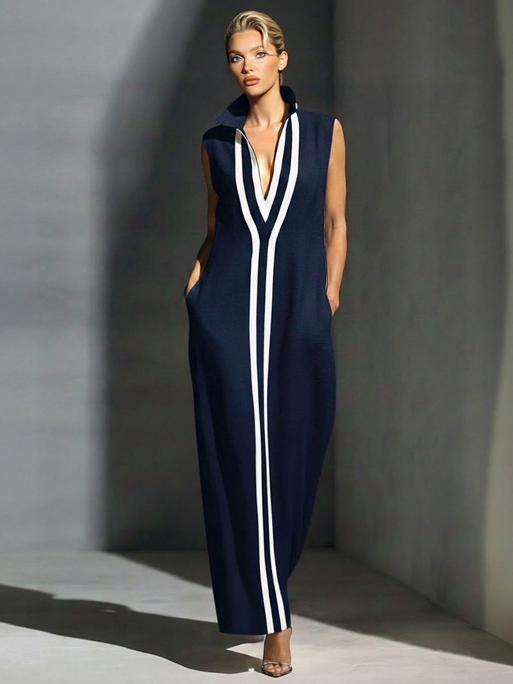 Elegant Sleeveless Deep V-Neck Contrast-Trim Maxi Dress