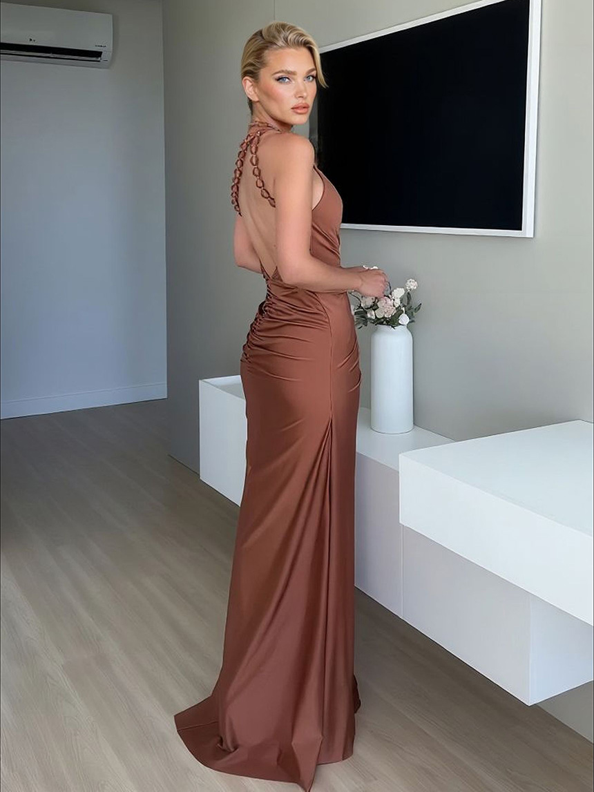 Sexy One-Shoulder Ruched Keyhole Maxi Dress