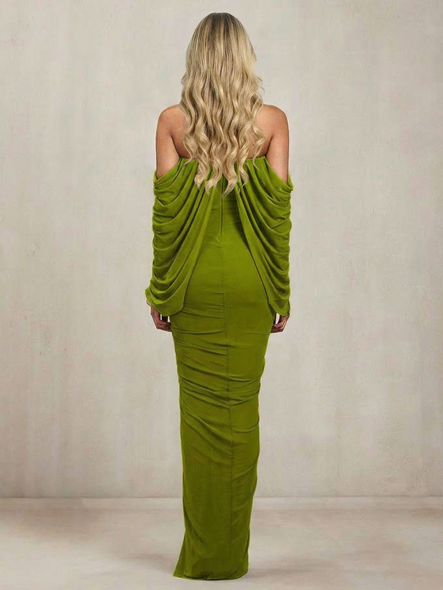 Ruched Draped Cape Sleeve Maxi Dress