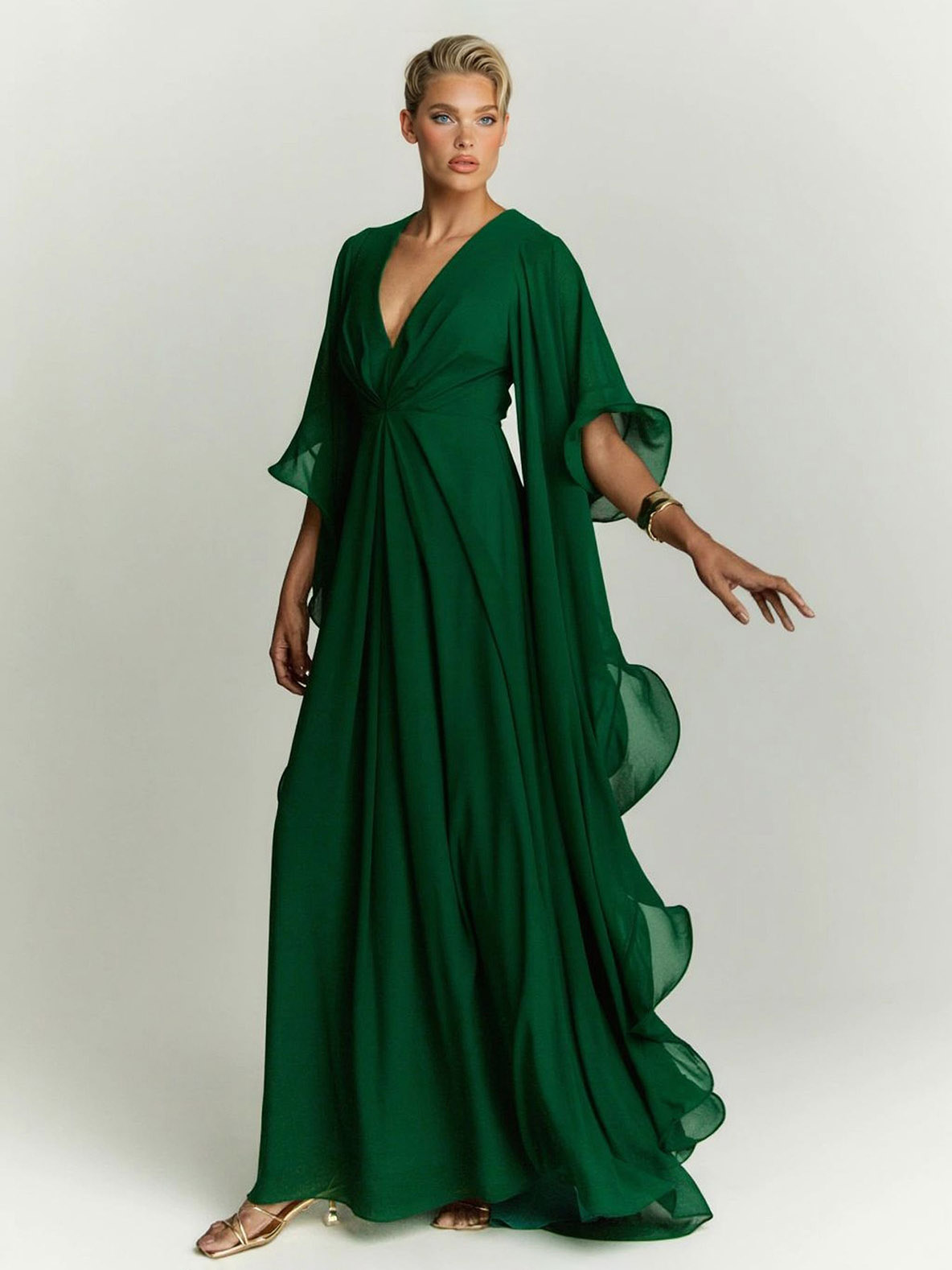 Elegant Draped Head Sleeve Chiffon Maxi Dress