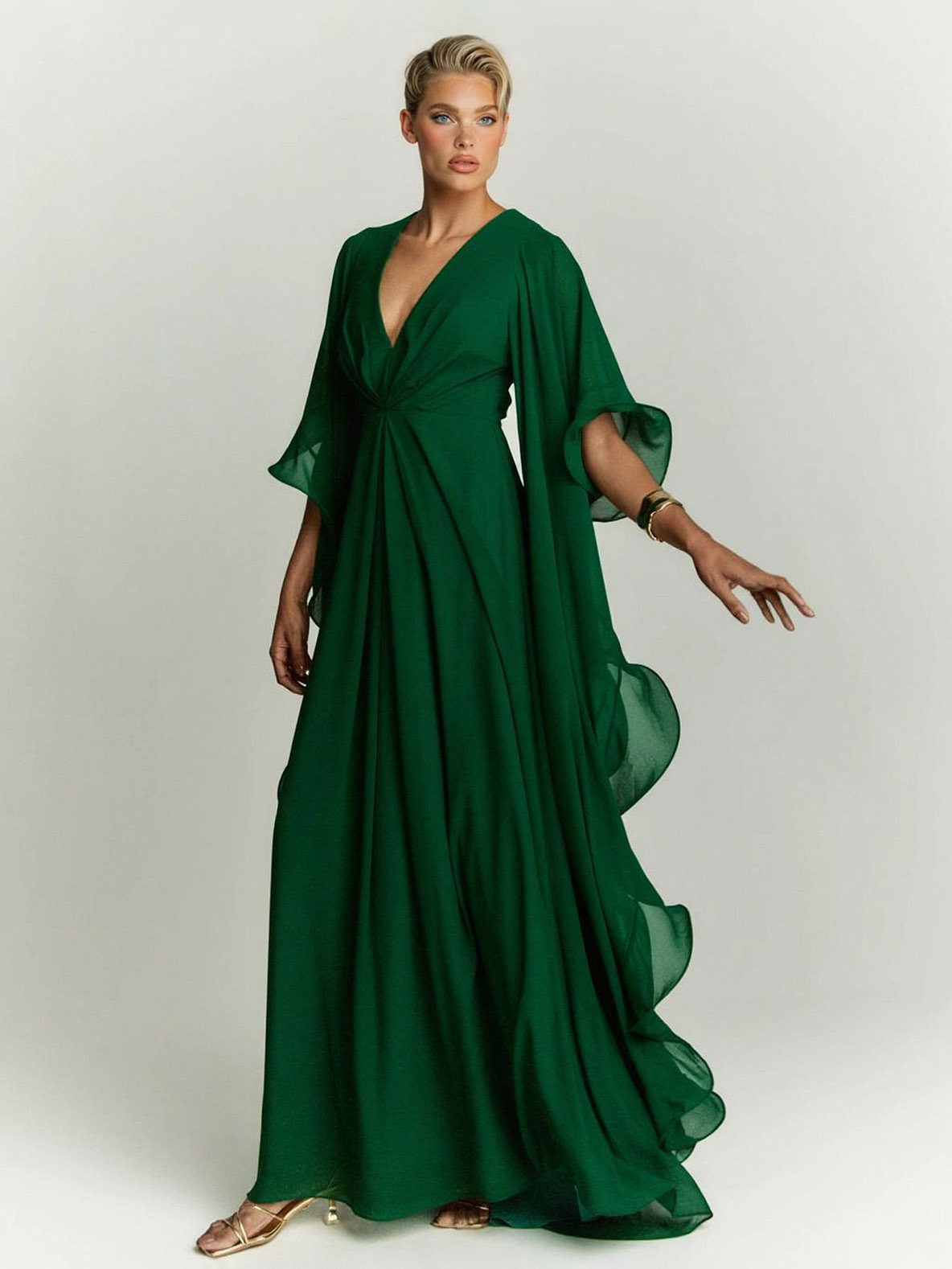Elegant Draped Head Sleeve Chiffon Maxi Dress