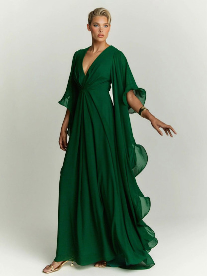 Elegant Draped Head Sleeve Chiffon Maxi Dress