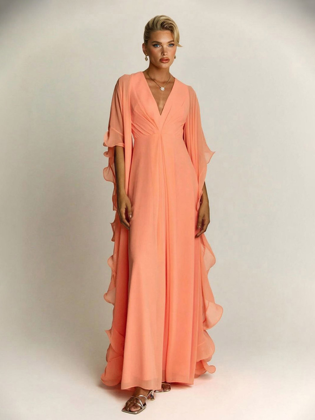 Elegant Draped Head Sleeve Chiffon Maxi Dress