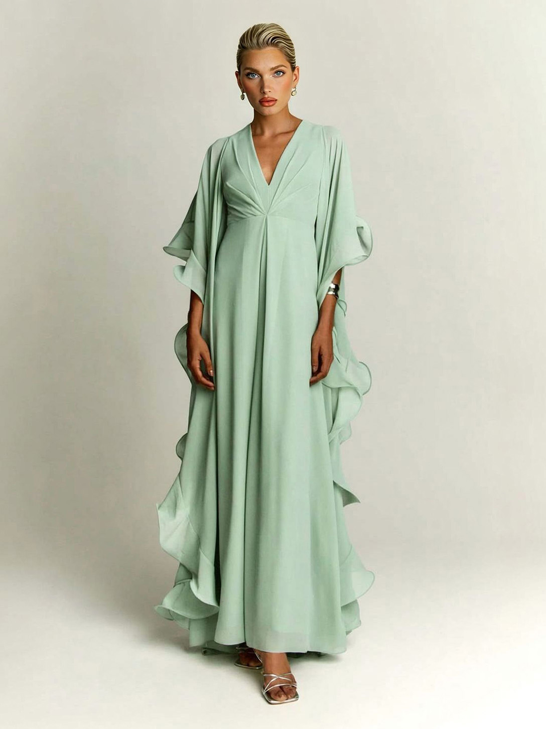 Elegant Draped Head Sleeve Chiffon Maxi Dress