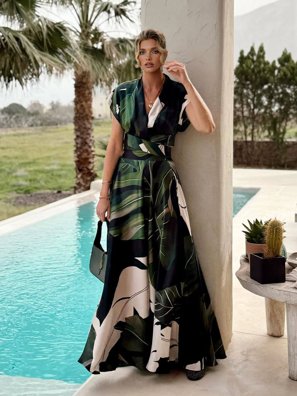 Bohemian Palm Leaf Print Maxi Dress