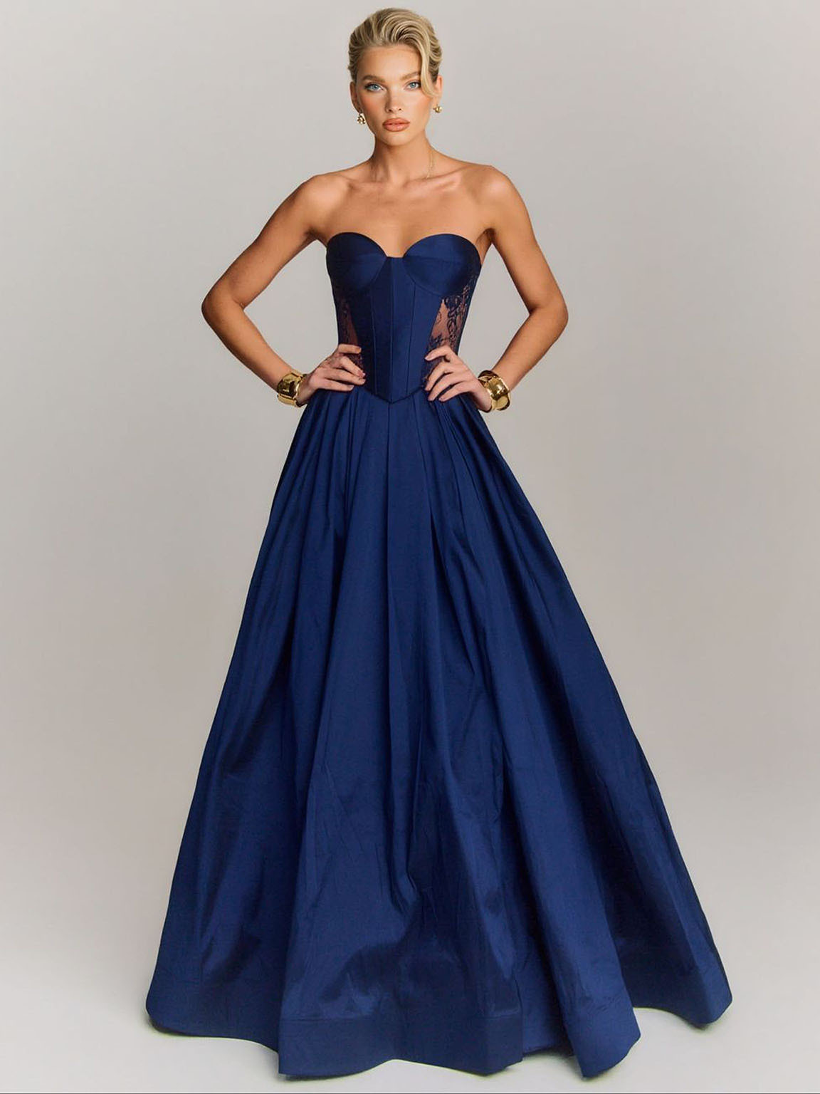 Elegant Strapless Lace-Panel Ball Gown Maxi Dress