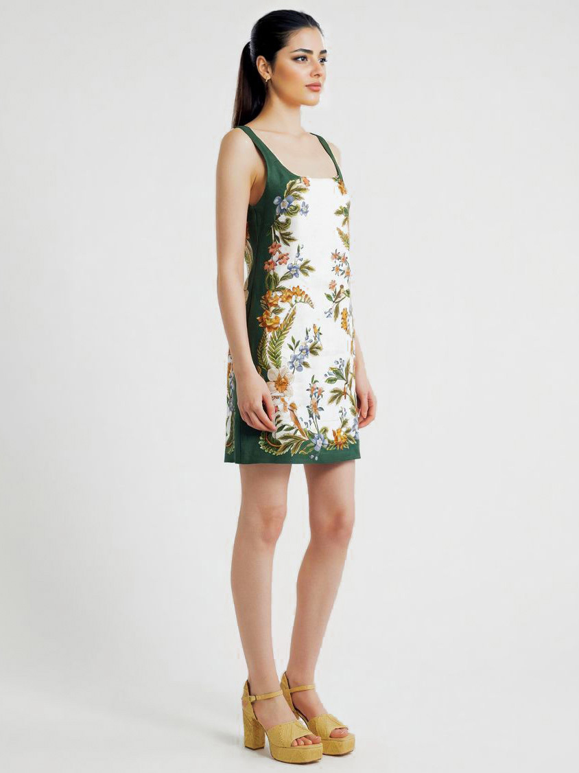 Elegant Floral Print Contrast-Trim Mini Dress