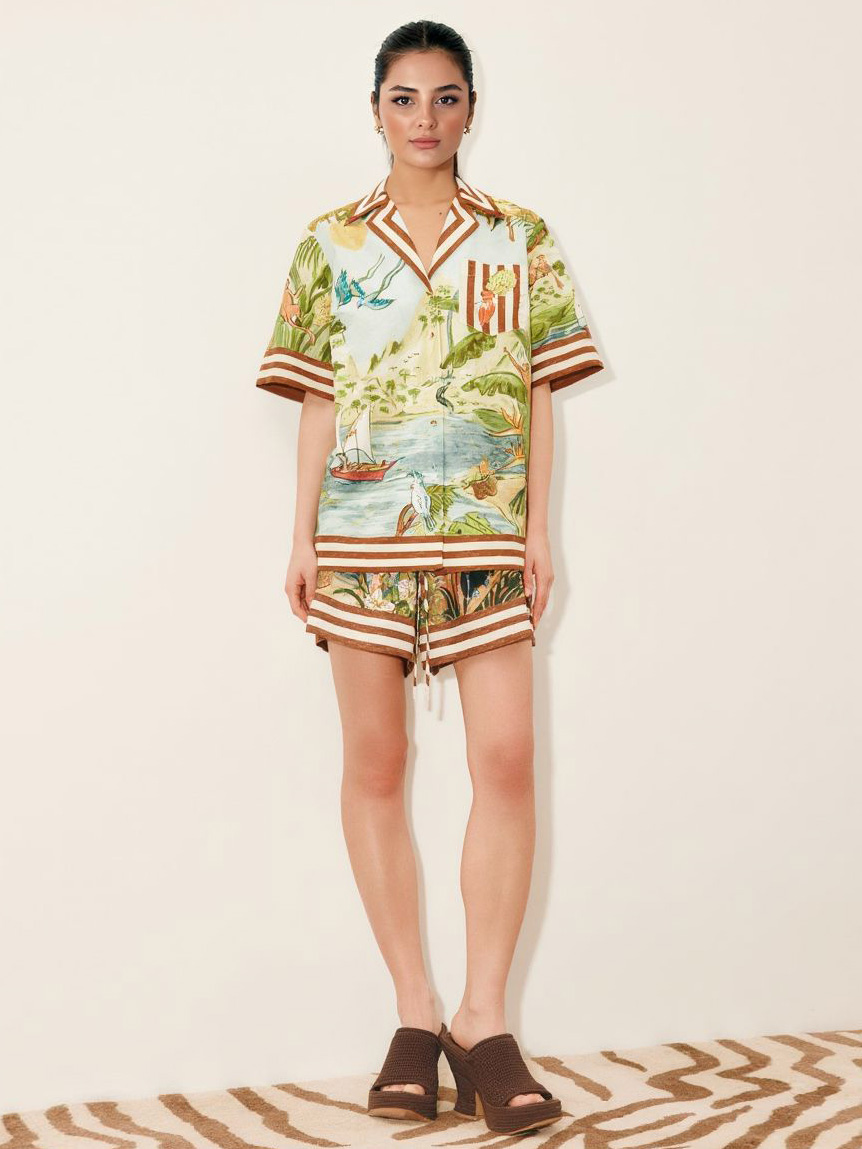 Tropical Scenic Print Shirt & Shorts Two-Piece Vacation Set