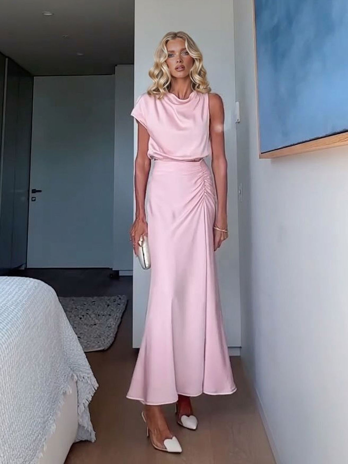 Elegant Draped Sleeveless Top & Ruched Maxi Skirt Two-Piece Set