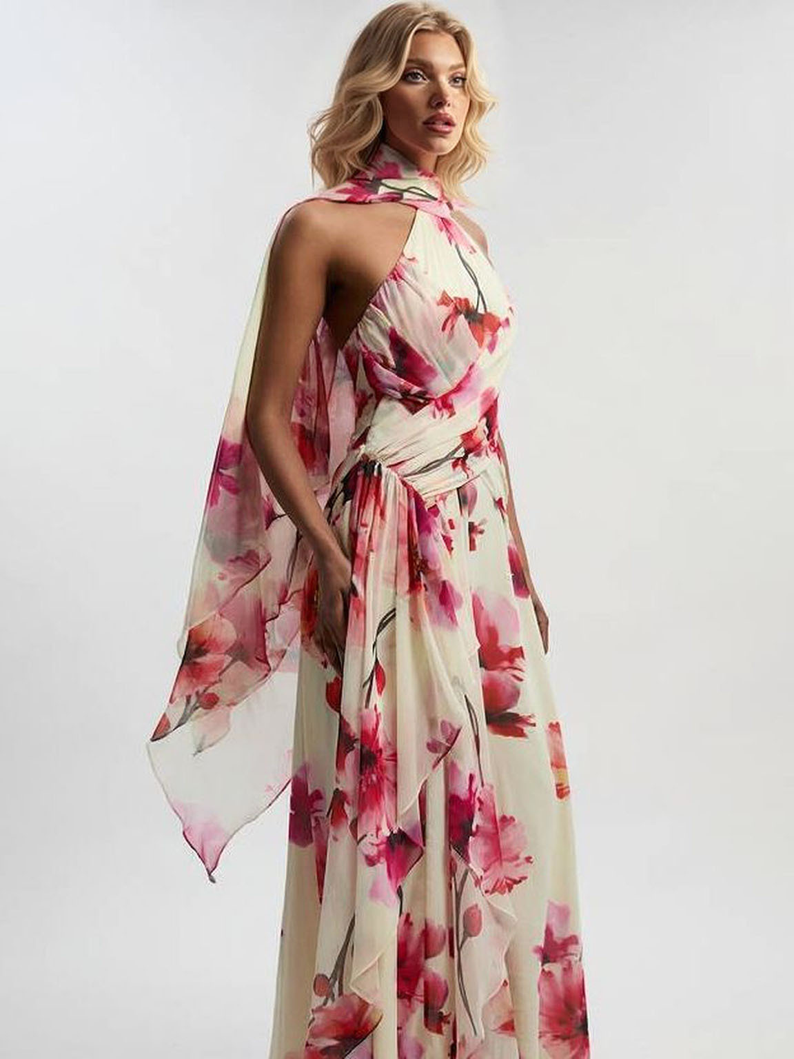 Elegant Watercolor Floral Print Backless Chiffon Maxi Dress