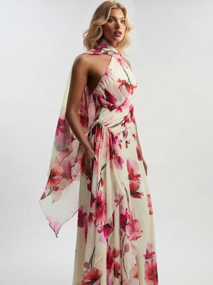 Elegant Watercolor Floral Print Backless Chiffon Maxi Dress