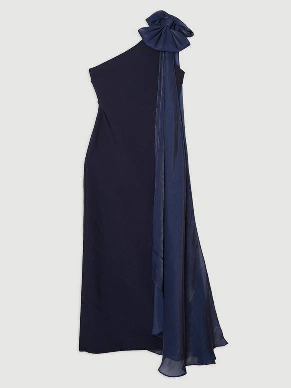 Elegant Tulle Bow Cape One-Shoulder Maxi Dress