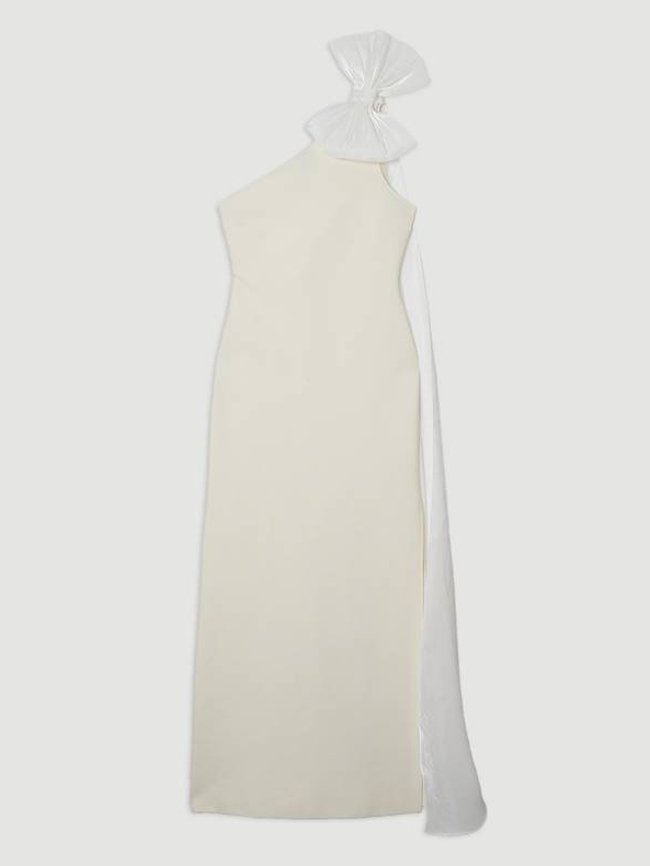 Elegant Tulle Bow Cape One-Shoulder Maxi Dress