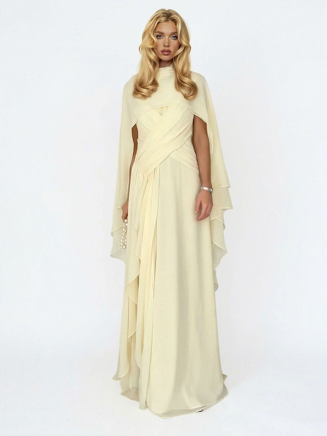 Elegant Cape Style Ruched Ruffle Maxi Dress