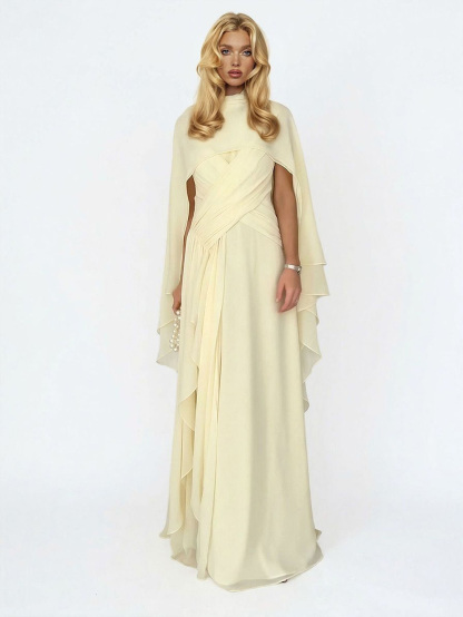 Elegant Cape Style Ruched Ruffle Maxi Dress