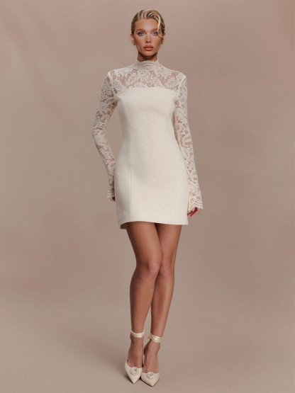 Elegant Sheer Lace High-Neck Mini Dress