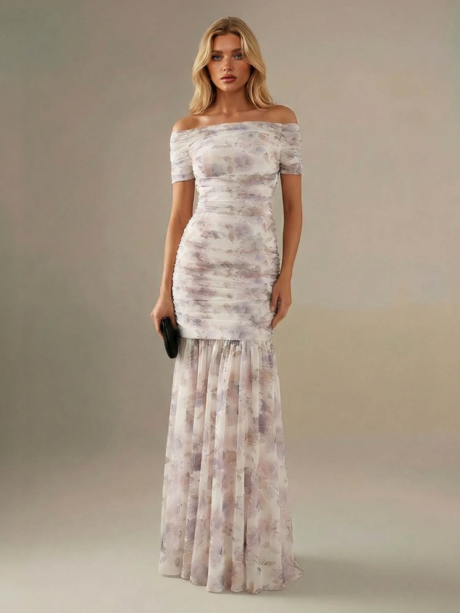 Elegant Printed Mesh Off-Shoulder Ruched Mermaid Maxi Dress