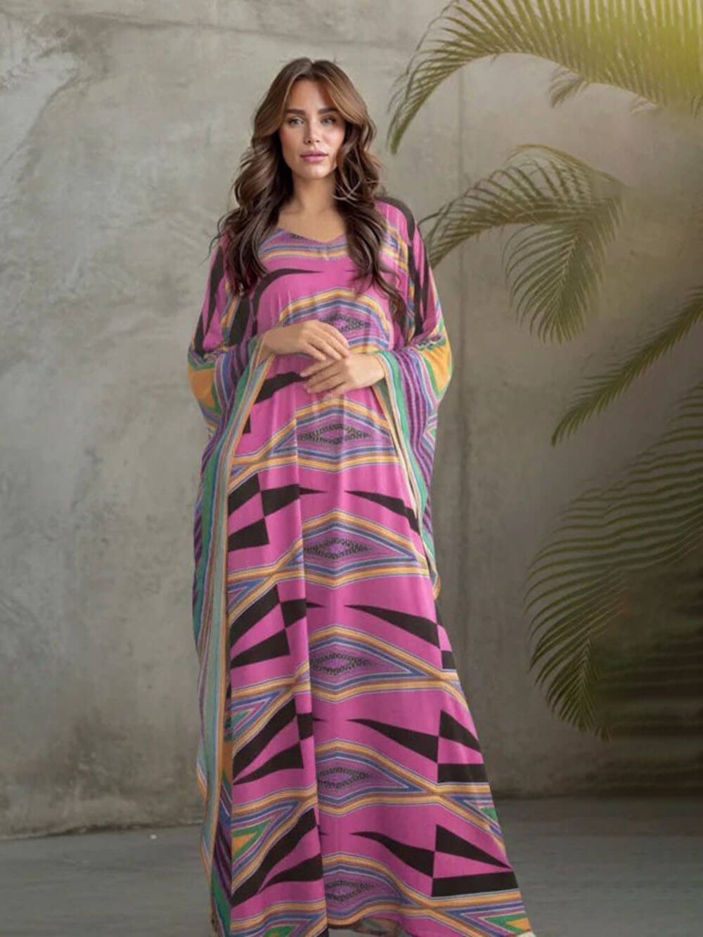 Retro Diamond Print Kimono Kaftan Beachwear Maxi Dress