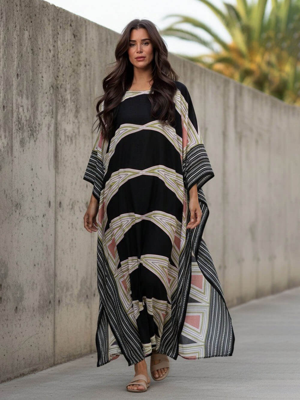 Retro Puzzle Print Kimono Beach Maxi Dress