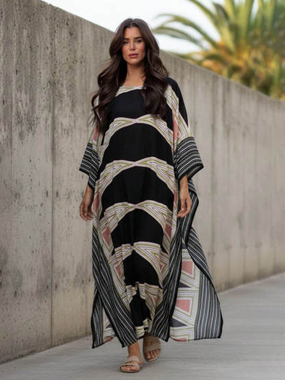 Retro Puzzle Print Kimono Beach Maxi Dress