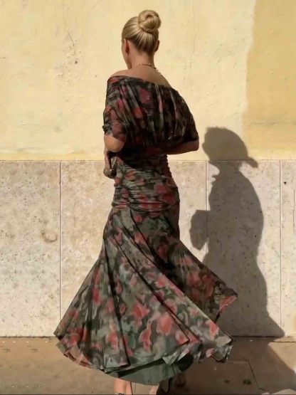 Elegant Mesh Watercolor Print Pleated Maxi Dress