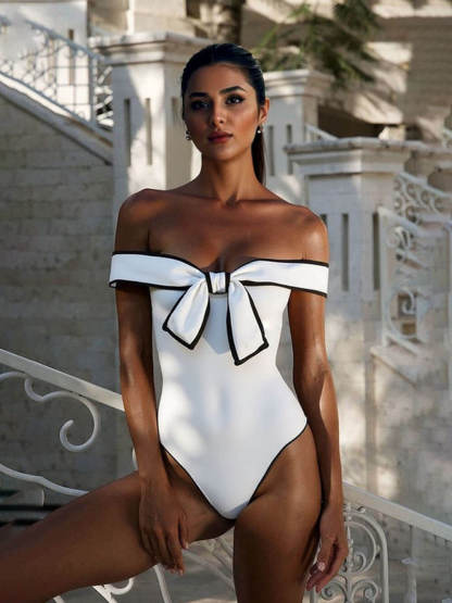 Sexy Strapless Black And White Colorblock One-Piece Swimsuit