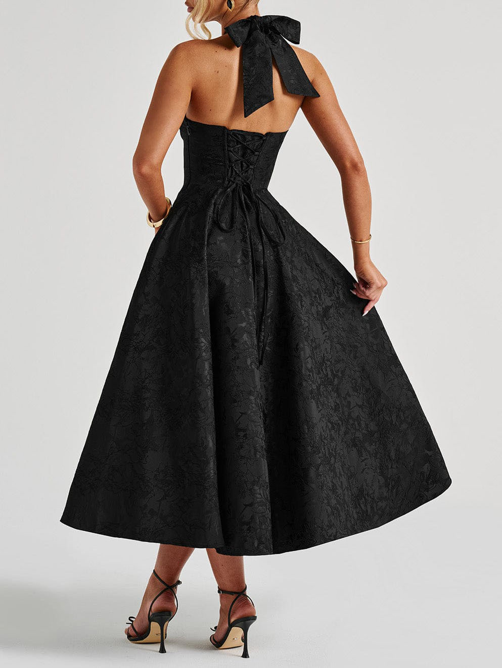 Vintage Elegant Jacquard V-Neck Halter Midi Dress