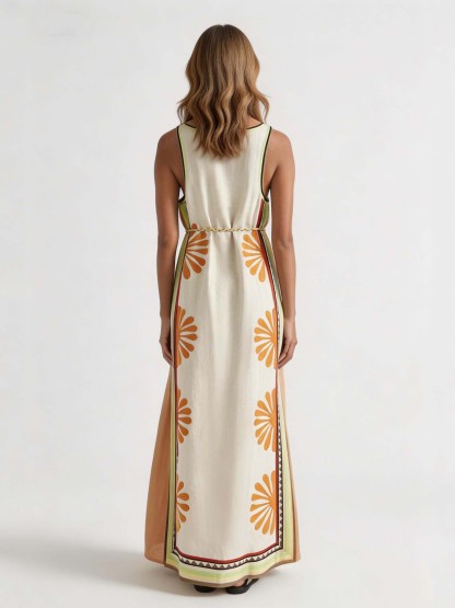 Bohemian Floral Print Sleeveless Maxi Dress With Waist Tie
