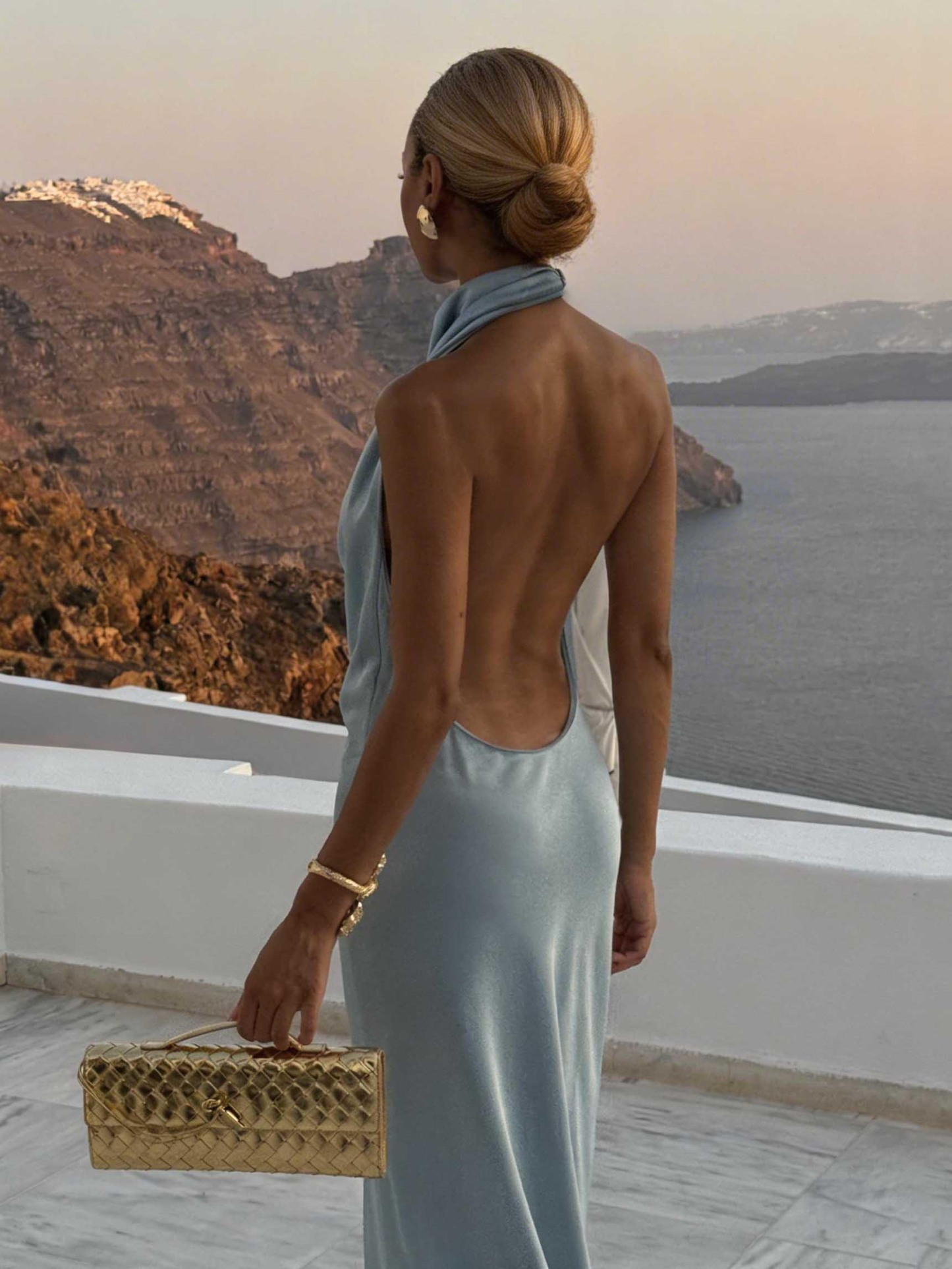 Elegant Blue Draped Neckline Satin Maxi Dress