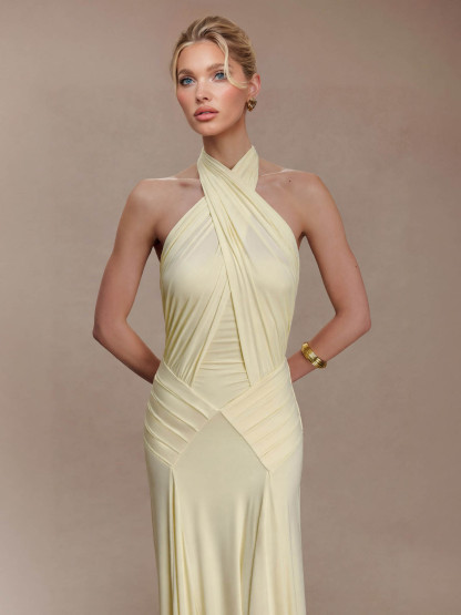 Elegant Pleated Fitted Backless Maxi Dress