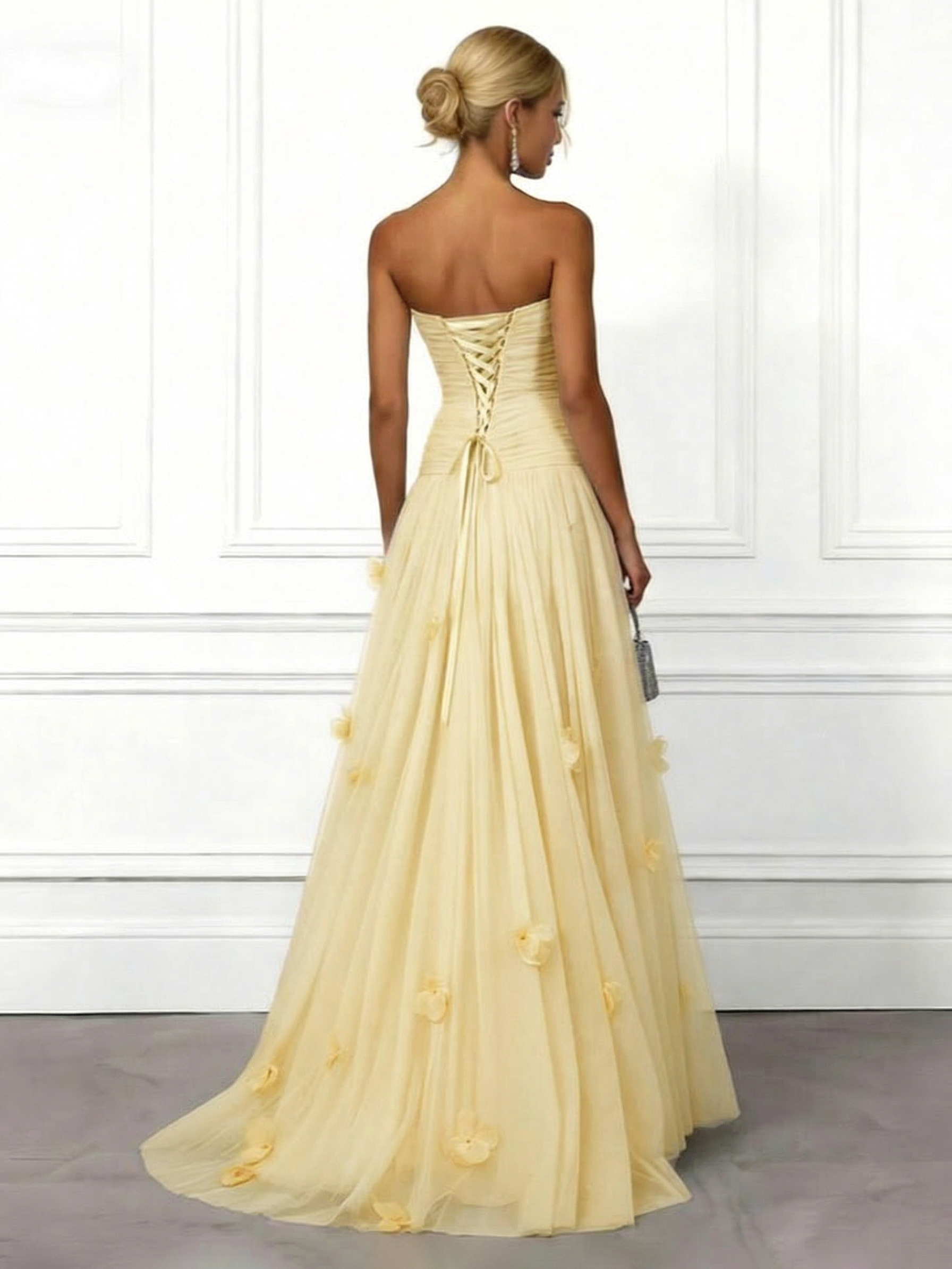 Elegant Yellow Strapless Ruched Tulle Evening Maxi Dress