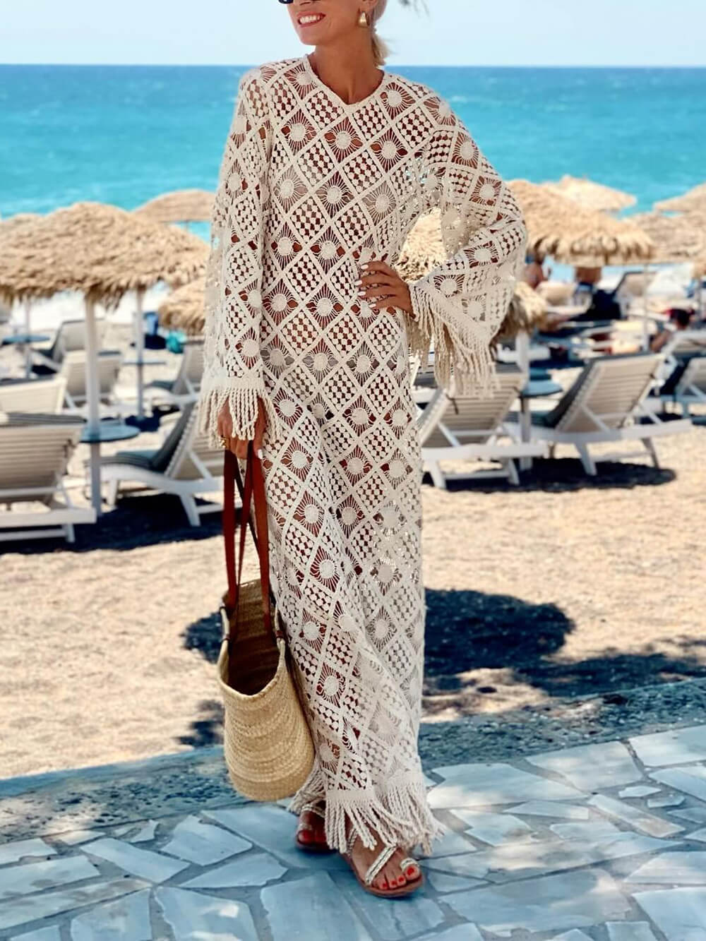 Exquisite Tassel-Trimmed Lace Bell Sleeve Maxi Vacation Dress