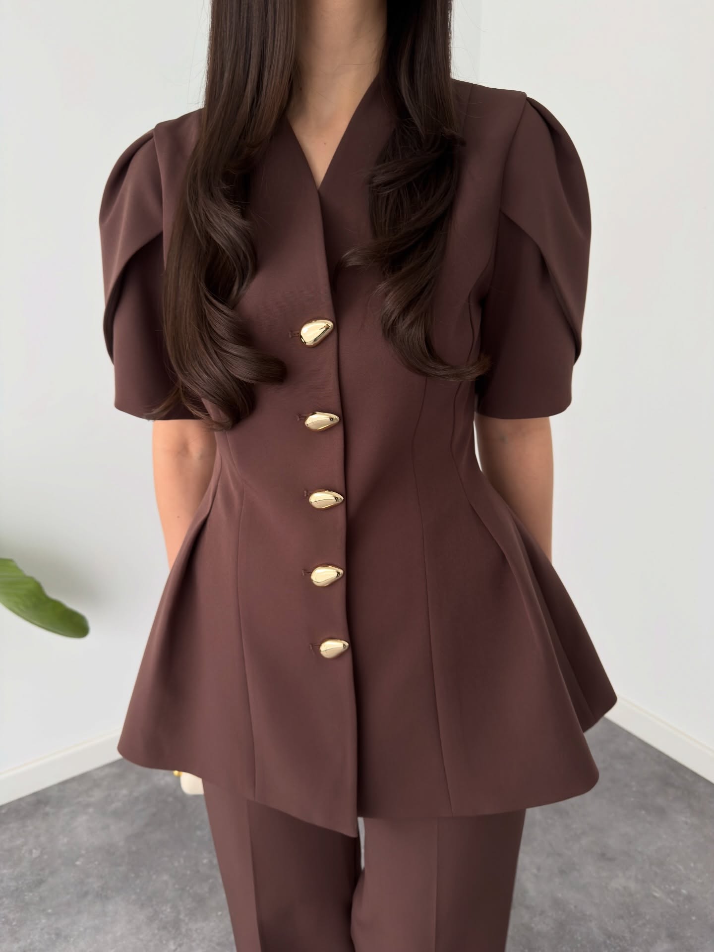 Elegant Puff Sleeve Top And Straight-Leg Trousers Two-Piece Set