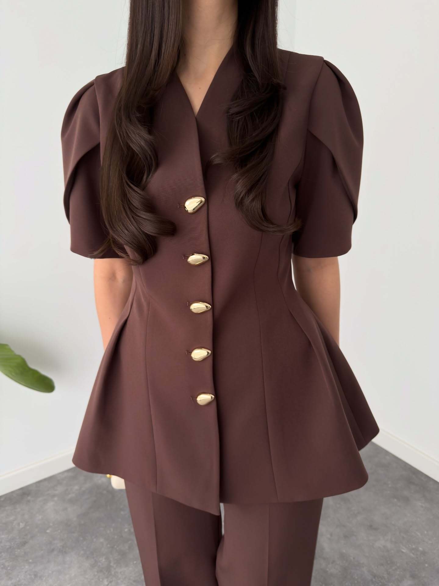 Elegant Puff Sleeve Top And Straight-Leg Trousers Two-Piece Set