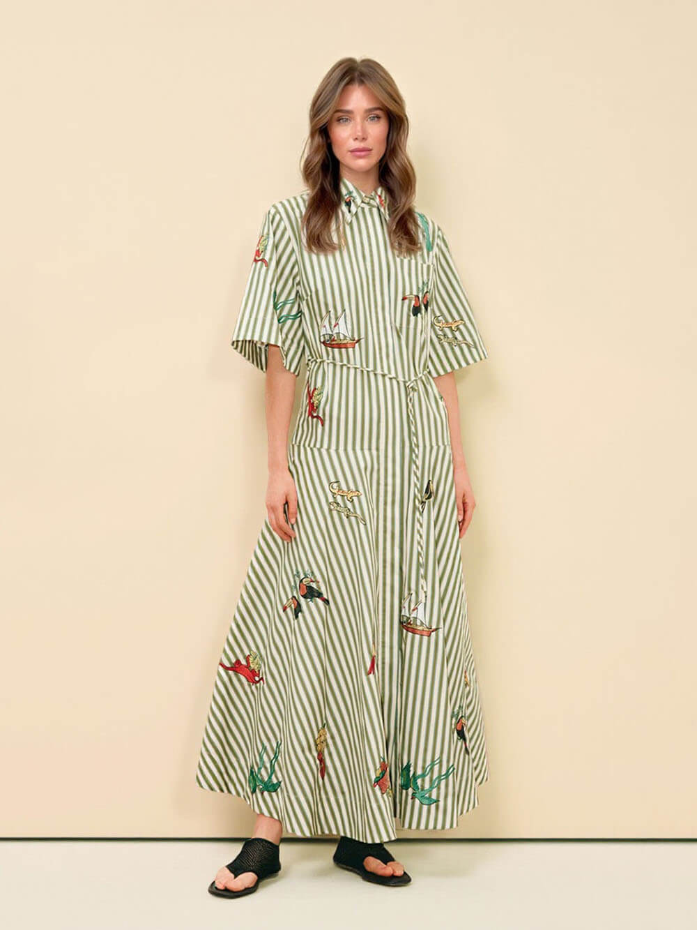 Classic Striped Button-Front Tie-Waist A-Line Maxi Shirtdress