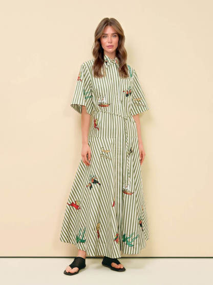 Classic Striped Button-Front Tie-Waist A-Line Maxi Shirtdress
