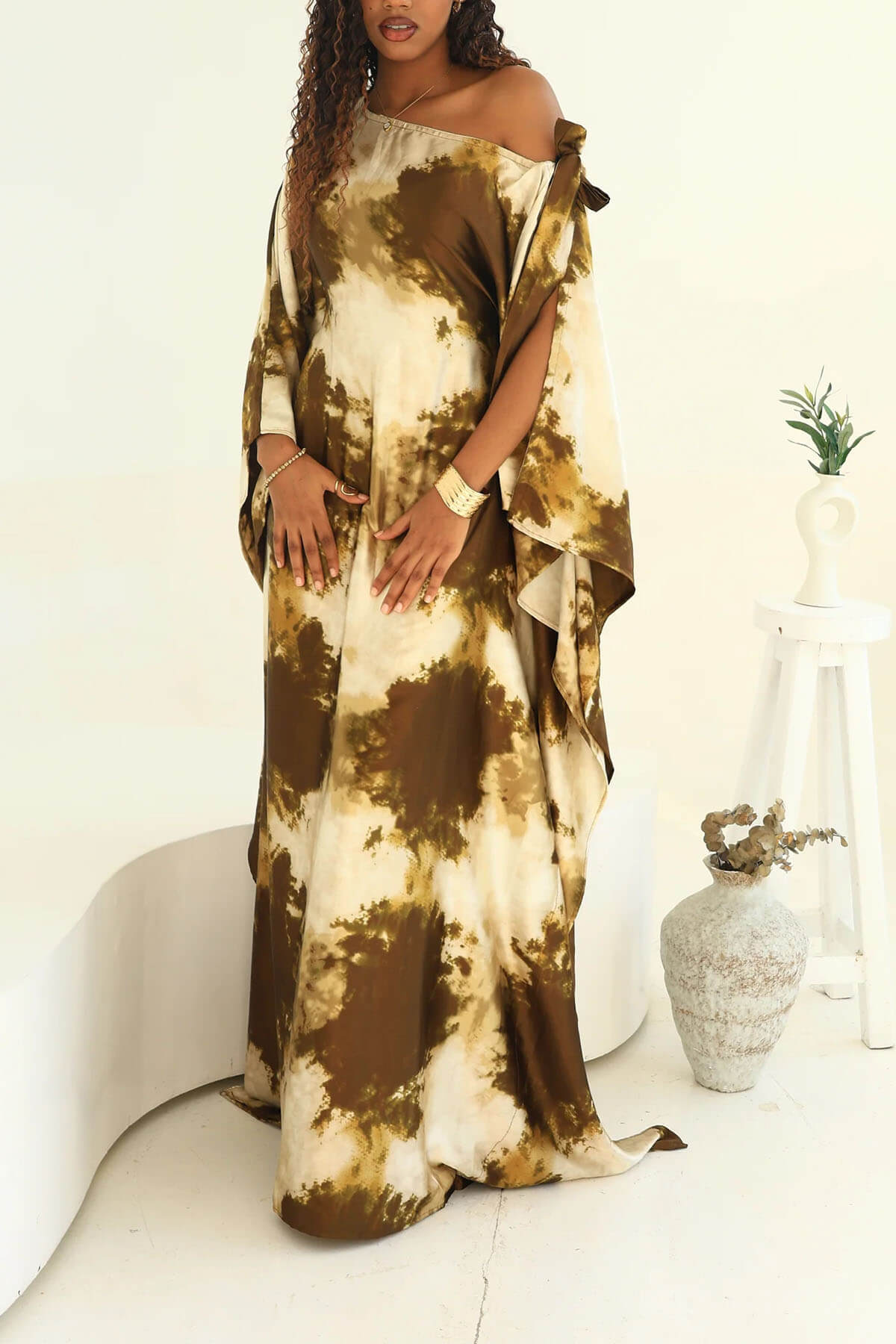 Unique Asymmetrical Print Batwing Sleeve Maxi Dress