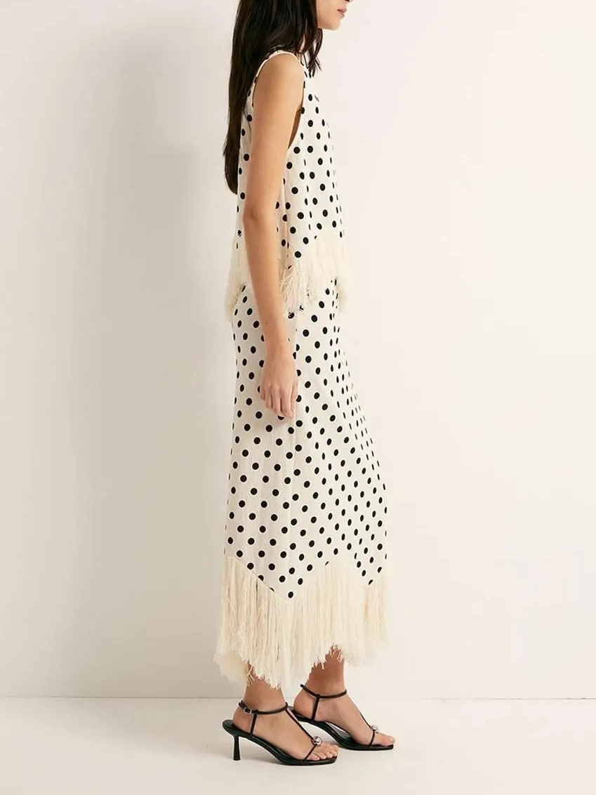 Elegant Polka Dot Fringed Asymmetrical Skirt Two-Piece Set